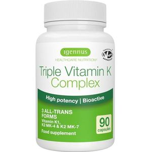 Igennus Geavanceerd Drievoudig Vitamine K Complex 2700 mcg, Vitamine K1 & K2 (MK-4 & MK-7), Natuurlijke Bioactieve Vormen, Hoge Sterkte, Bot & Cardiovasculair, Clean Label, Veganistisch, 90 Capsules