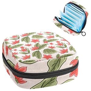 Opbergtas voor maandverband Pads, Menstruatie Cup Pouch, Periode Bag Organizer voor vrouwelijke Pads Tampons, Botanische rode bloemen patroon groene bladeren