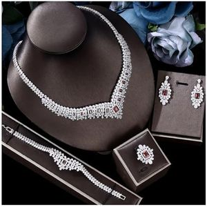 ZHGUIMING Luxe sprankelende briljante kubieke druppel oorbellen ketting zware diner sieraden set bruiloft bruidsjurk accessoires(RED_RESIZABLE)