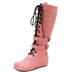 Retro Britse stijl dames vooraan veterschoenen patchwork ridder lange laarzen,Roze,34 EU