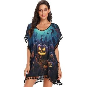 KAAVIYO Halloween Pompoen Blauwe Kunst Vrouwen Strand Cover Up Chiffon Kwastje Badmode Badpak Coverups voor Meisje, Patroon, M