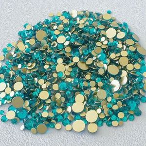SS4-SS20 Mixformaat Helder Kristal Goud Plat Achter Strass Decoraties DIY Glitterstenen 3D Nail Art Accessoires-Pauwgroen-Mixformaat SS3-SS20