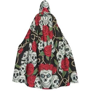 WURTON Carnaval cape met capuchon voor volwassenen, heks en vampier, cosplay kostuum, mantel, geschikt voor carnavalsfeesten, 190 cm schedel en rode roos