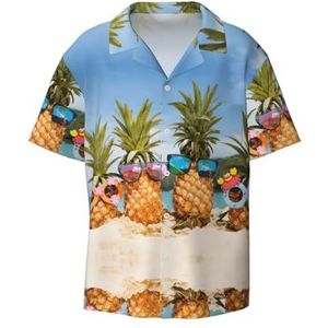 TyEdee Ananas Fruit Zonnebril Zand Strand Print Heren Korte Mouw Jurk Shirts met Pocket Casual Button Down Shirts Business Shirt, Zwart, L