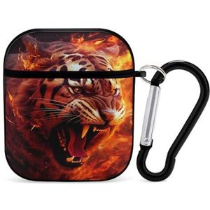 Tiger in Fire Flame Leuke Case voor AirPods 2&1 Schokbestendige Beschermende Hoofdtelefoon Gevallen Cover Met Sleutelhanger Voor Mannen Vrouwen