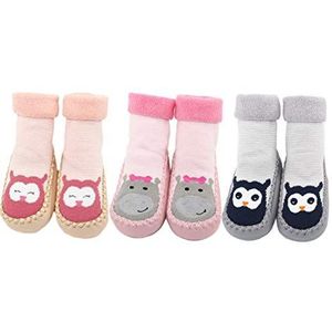 Fygood babyschoenen, antislip, 3 paar S(10-18mois/base 13cm) hibou bleu-ours-lapin rose