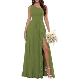 Dames chiffon bruidsmeisjes jurken met split lange galajurken ruches cocktailjurk plus size, Olijfgroen, 32
