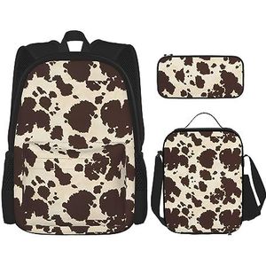 Bruine Koe Spots Grote Capaciteit Rugzak Lunch Tas Pen Pouch 3 Stuk Set voor Kantoor Reizen Camping Unisex, Zwart, Eén maat