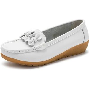 WDUDSUDUW Klassieke lederen loafers voor dames, casual slip-on bootschoenen, comfortabele mocassins met zachte zool, A wit., 43 EU