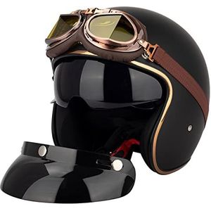 Retro Motorhelm Volwassenen, Modulaire Helm Met Bril, 3/4 Open Helm Vintage Stijl Voor Heren Dames, Cruiser Bromfiets Chopper ATV-helm ECE DOT Goedgekeurd (Color : E, Size : M=(57-58cm))