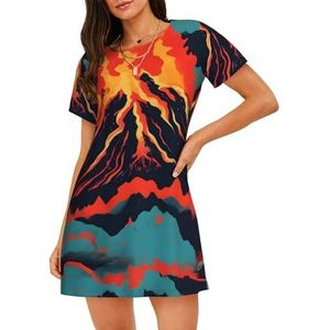 Yyoretp Volcano Print Dames Katoenen Nachthemd Korte Mouwen Nachtkleding Casual Nachthemd Comfortabele Pyjama, Zwart, M