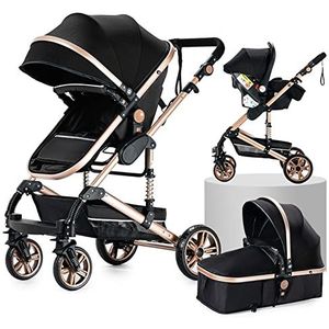 Kinderwagen 3 in 1 Draagbare Reizen Kinderwagen Opvouwbare Kinderwagens Aluminium Frame Hoge Landschap Auto voor Pasgeboren Babyboomer Poussette (Black Gold)