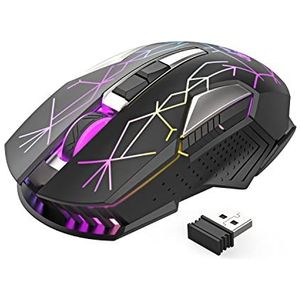 Draadloze gamingmuis met 2,4GHz USB-ontvanger RGB Rainbow LED-achtergrondverlichting Verstelbare DPI Silent Click Oplaadbare Ergonomische 7-knopsmuizen voor computer Laptop PC-gebruik - Sterzwart