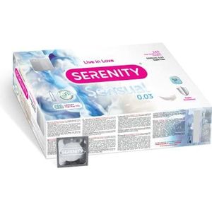 Serenity SENSUAL 0.03 Super Dunne condooms, 144 stuks per doos/Serenity SENSUAL 0.03 Super Thin condoms, 144 pcs per box.