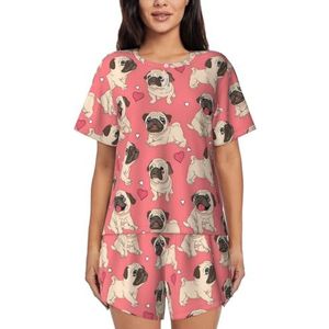 RIVETECH Grappige cartoon mopshond puppy hond print dames pyjama set met korte mouwen - comfortabele korte sets, mouwen nachtkleding met zakken, Zwart, XL