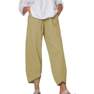 HHuiXinXue Linnen broek dames 7/8 wijde pijpen zomerbroek vrouwen licht elegante losse casual broek voor strandvakantie dagelijks, Kaki, S