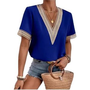 2024 zomer dames chiffon tops met korte mouwen V-hals gewatteerd kanten damesshirt tops uitgeholde kleding, tuniekshirt met korte mouwen en oogjes(Color:Blue,Size:XL)