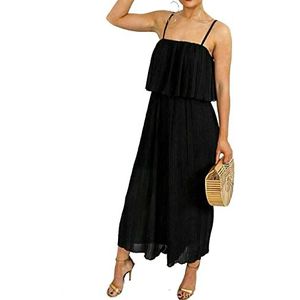 Fashion Mark Mouwloze jumpsuit met bandjes voor dames, geplooid, effen, ruches, chiffon, playsuit, bedrukt met bandjes, maat UK14-28, Zwart, 52-54