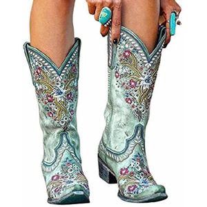 Dames westernlaars met geborduurde bloemen, klassieke westernlaarzen met spitse neus, halfhoge westernruiters, winterse cowboylaarzen met bontvoering,B,38
