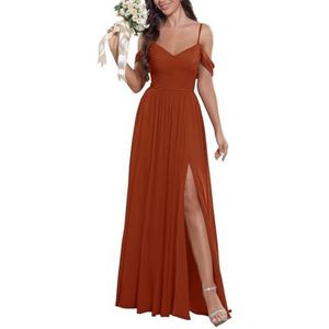 KURFACE Bruidsmeisjesjurken met blote schouders voor dames, met split en V-hals, chiffon, formele avondjurk, Verbrand Oranje, 34