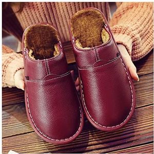 Dames Zomer Slippers Lederen Home Slippers for Mannen Winter Warm Pluche Slippers Slaapkamer Lederen Unisex Mannen/Dameshuis Indoor Schoenen Sloffen (Color : Winered, Size : 7)