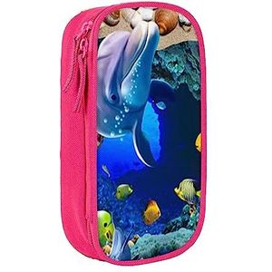 3D Underwater World Dolphin etui, medium formaat pen/potloodhouder zakje tas met dubbele ritsen voor werk, schattig, roze, Eén maat, Koffer