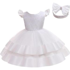 Lito Angels Elegante bruidsmeisjesjurk voor bruiloft, Kerstmis, party, met hoofdband voor baby's en kleine meisjes, Wit, 9-12 Maanden