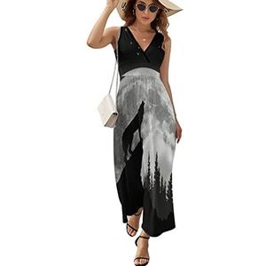 Wolf Howling at The Full Moon Maxi lange jurk voor dames, V-hals, mouwloos, tank, zonnejurk, zomer