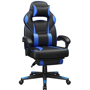 SONGMICS Gaming chair, bureaustoel met voetsteun, bureaustoel met hoofdsteun en lendenkussen, in hoogte verstelbaar, ergonomisch, 90-135° kantelhoek, tot 150 kg draagvermogen, zwart-blauw OBG073B04