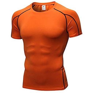 AnyuA Baselayer, Compressie T-shirts, korte mouwen, koel droog bovenstuk, voor hardlopen, gym, atletisch, ORANJE, L