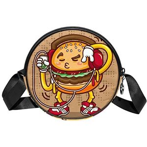 Ronde Crossbody Tas Grappige Cartoon Hamburger Luisteren Naar Muziek Messenger Bag Purse Voor Vrouwen, Meerkleurig, 6.7x6.7x2.3 in, Sling Rugzakken