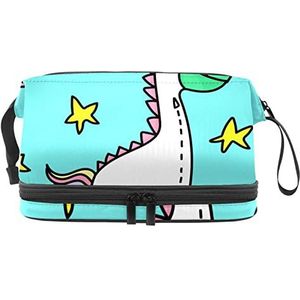 Grote capaciteit reizen cosmetische tas,Eenhoorn Dinasour,Make-up tas,Waterdichte make-up tas Organizer, Meerkleurig, 27x15x14 cm/10.6x5.9x5.5 in