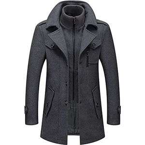 Heren Winterjas - Gewatteerde Wollen Trenchcoat - Grijs - Slim Fit - Lange Overjas