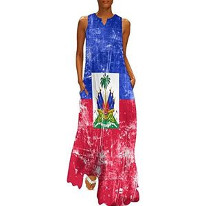 Vintage Haïtiaanse vlag dames enkellengte jurk slim fit mouwloze maxi-jurk casual zonnejurk 5XL