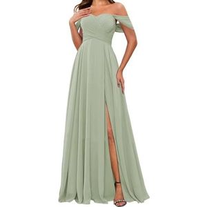 HPPEE Off-shoulder chiffon bruidsmeisjesjurken met split voor vrouwen mouwloze strapless avond formele jurk, Sage Groen, 32