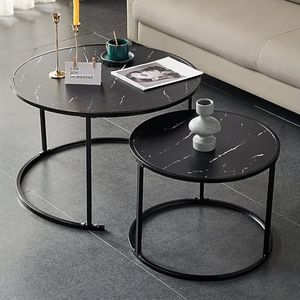 FXLUHAY Nesting Salontafel Ronde, minimalistische houten bijzettafel set van 2, moderne nesttafel robuust stalen frame, voor kleine ruimtes woonkamer kantoor balkon (wit+zwart a, 80+60cm)