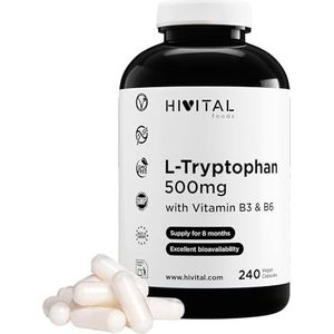 L-Tryptofaan 500 mg. 240 veganistische capsules voor 8 maanden behandeling. 500 mg zuiver Tryptofaan met 16 mg Vitamine B3 (100% NRV) en 1,4 mg Vitamine B6 (100% NRV). Door HIVITAL