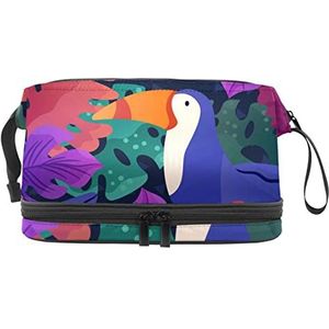 Grote capaciteit reizen cosmetische tas,Toekan kleurrijke planten,Make-up tas,Waterdichte make-up tas organisator, Meerkleurig, 27x15x14 cm/10.6x5.9x5.5 in