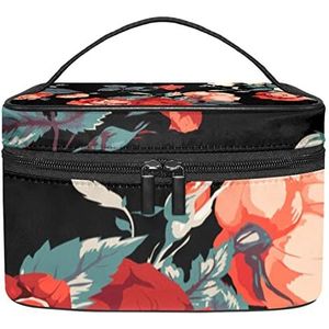 Zwarte Bloemen Bloem Make-up Organizer Bag, Reizen Make-up Tas Organizer Case Draagbare Cosmetische Tas voor Vrouwen en Meisjes Toiletartikelen, Meerkleurig, 22.5x15x13.8cm/8.9x5.9x5.4in