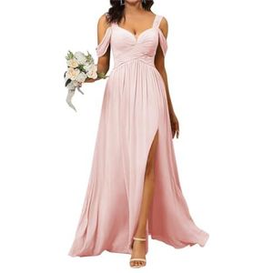 Off-shoulder chiffon bruidsmeisjesjurken voor vrouwen lange ruches split A-lijn formele feestjurken met zak, Blush Roze, 52 grote maten