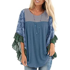 PECHEMO Vrouwen Zomer Tops Ronde Hals Chiffon Trompet Mouw Print Patchwork Wafel Top Blouse Comfort en Leisure Tuniek Shirts Stijlvolle en Elegante Losse Pullover Batwing Mid-Sleeve Shirt Top Blouse, G-Blauw, XXL