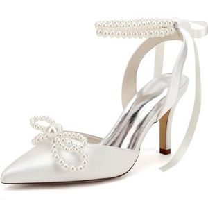 KYEGLO Satijnen Afstudeerschoenen Voor Dames Met Parelstrik, Puntige Neus, Hoge Hak En Parelriempje Om De Enkel, Perfect Voor Bruiloften En Schoolfeesten,ivoor,36