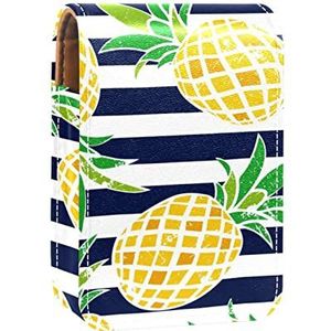 Ananas comosus Strepen Patroon Lipgloss Houder Lipstick Case Draagbare Mini Lipstick Opbergdoos Reizen Lipstick Organizer Case met Spiegel voor Vrouwen, Meerkleurig, 9.5x2x7 cm/3.7x0.8x2.7 in