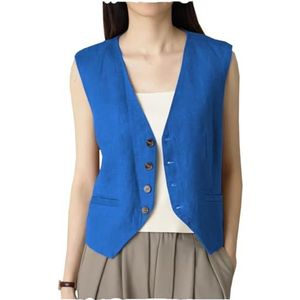 AeoTeokey Dames zomer linnen vest pak vest V-hals enkele rij knopen casual vest zakelijke outfits top, Blauw, XL