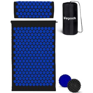 LifeGoods Acupressuur Mat met Kussen, 2x Triggerpoint Massage Ballen en Draagtas | Spijkermat voor Ontspanning en Pijnverlichting | Acupunctuur Massage Set | Lotus Shakti Mat | Zwart & Blauw