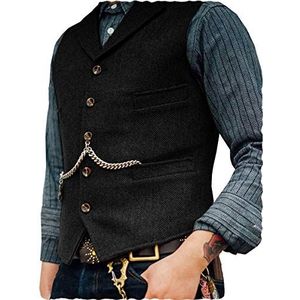 AeoTeokey Klassieke Mens Wol Tweed Pak Vest Casual Mouwloze Jas Visgraat Vest voor Smoking, Zwart, XXL