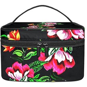 Make-up Organizer Bag, Reizen Make-up Tas Organizer Case Draagbare Cosmetische Tas voor Vrouwen en Meisjes Toiletries Tropische Zwarte Bloemen Bloem, Meerkleurig, 22.5x15x13.8cm/8.9x5.9x5.4in