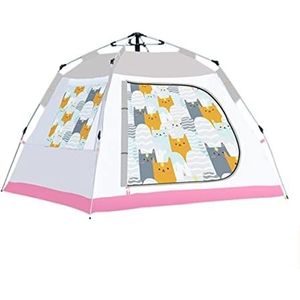 Tent voor Camping Automatische Pop-up Tent Familie Kat Patroon Camping Tent 3-4 Persoon Met 3 Mesh Windows Waterdicht Instant Wandeltent Campingtent (Color : Rosa, Size : 200 * 200 * 140cm)