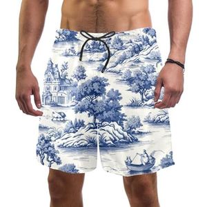 PAFEFO Nieuwigheid boardshorts voor heren, strandvakantie, feest, sneldrogende badpakken met retro wit-blauwe speelgoedbomen ontwerpen, Retro Wit Blauw Toile Bomen, XXL