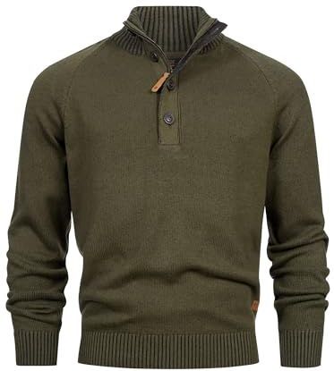 Indicode Inrajas voor heren, gebreide trui van katoen met opstaande kraag, fijn gebreide trui voor mannen, Army Mix, S
